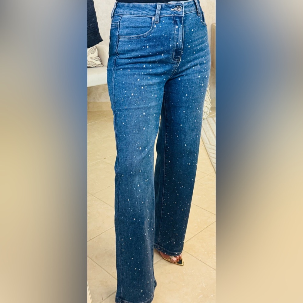 Zara - Rhinestone High Rise Straight Leg Jeans - Picture 10 of 10